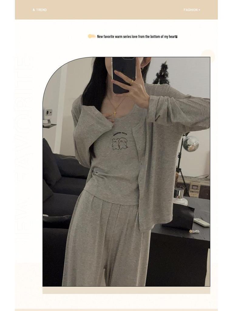 Women's Modal Cotton Pajama Set - Three-Piece Sleeveless and Long Sleeve with Chest Pads for Indoor or Outdoor Use