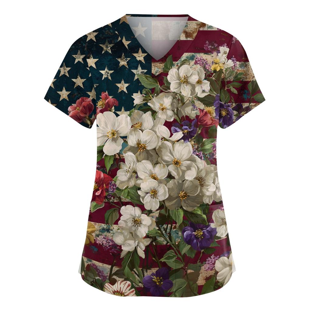 Nursing Scrub Tops for Women 250th Anniversary Usa Nurse Tops V Neck Short Sleeve American Flag Scrub Top Scrubs for Woman Sets