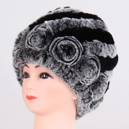 Hot Sale Winter Women Flower Striped Natural Real Fur Hats Lady Warm Knit Genuine Rex Rabbit Fur Caps Outdoor Fur Beanies Hats
