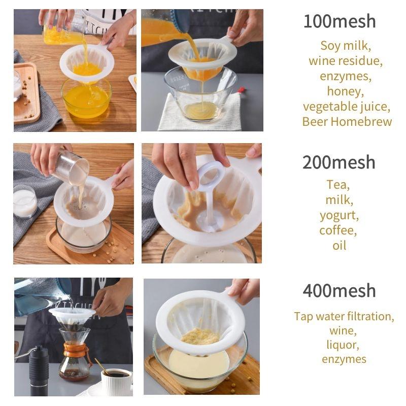 Kitchen Food Strainer Spoon 100/200/400 Mesh Reusable Super Fine Colander Mesh Sieve Strainer with Handle for Tea Soymilk Coffee