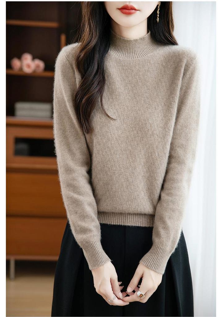 Women's Korean Style Wool Knit Sweater - Half-High Neck, Long Sleeve, Loose Fit