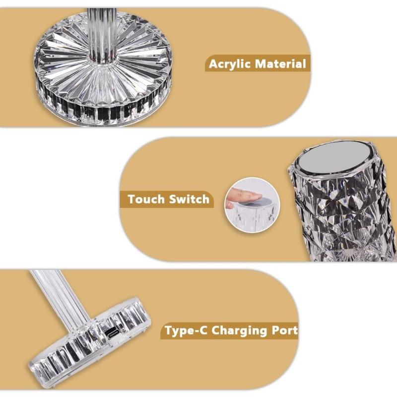 Portable Crystal LED Table Lamp 3 Color Touch Control Rechargeable Lamp, Night Light, Bedside Lamp,Dining Room Lamp (16-Color)