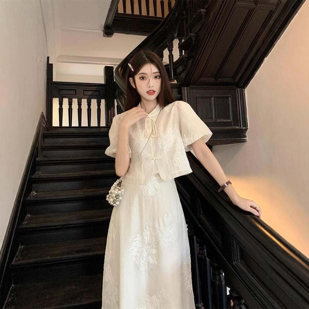 Early Spring & Summer Tea-Colored French Retro Chinese-Style Dress Set