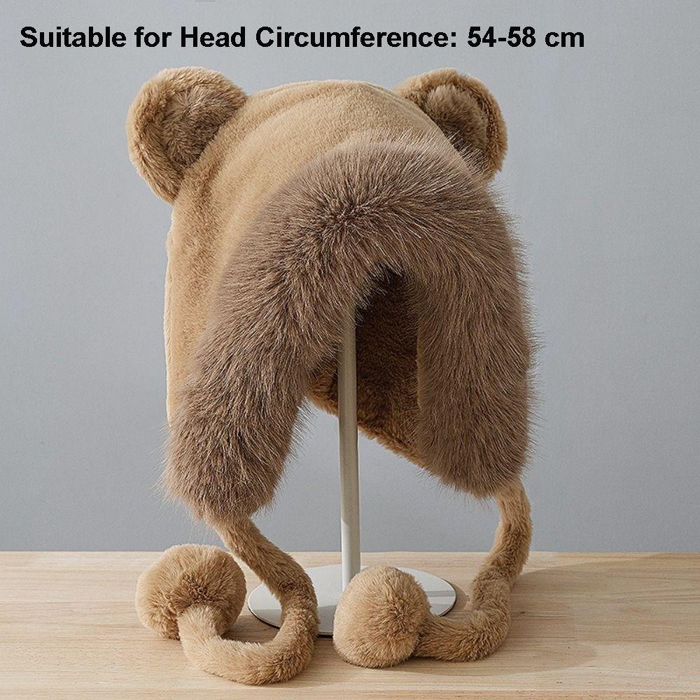 Warm Winter Hat Pompom Fluffy Skull Cap Stylish Bear Ears Hat  for Women