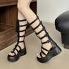Punk Long Cool Boots Autumn New Elastic Sexy Hollow Wedge Heel Platform Sandals