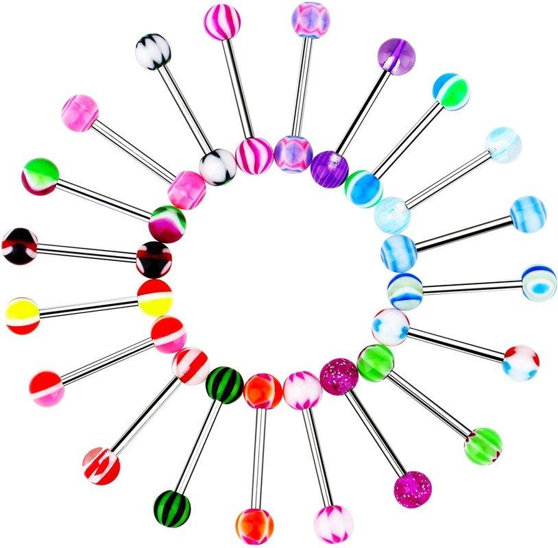 15/45/100pcs/Bag Women Men Fashion Rainbow Stainless Steel Tongue Piercing Ring Mix Tongue Barbell Ear Nipple Piercing Ring Pircing Jewelry