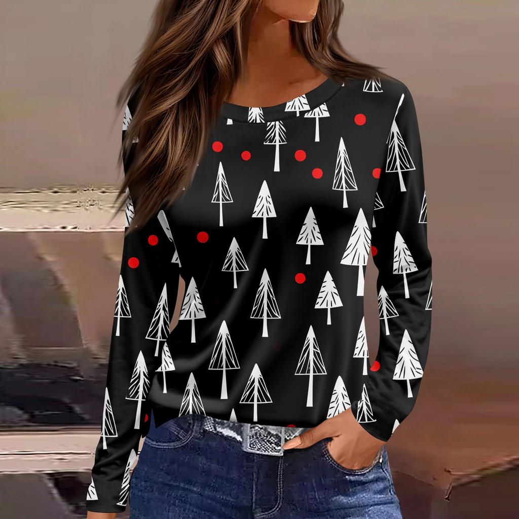Women's Fashion Casual Slit Hem Round Neck Long Sleeve Loose Christmas Printed T-Shirt Ladies Top