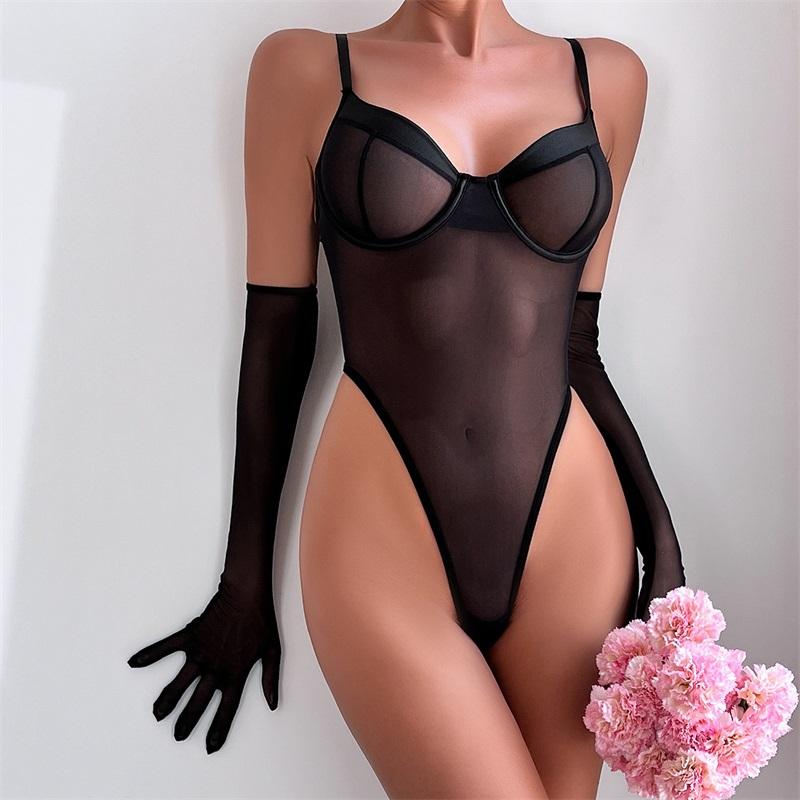 Aduloty Women Sexy Lingerie Erotic Bodysuit Perspective Minimalist Basic Slim Fit Hip Lifting Glove Matching Underwear Set