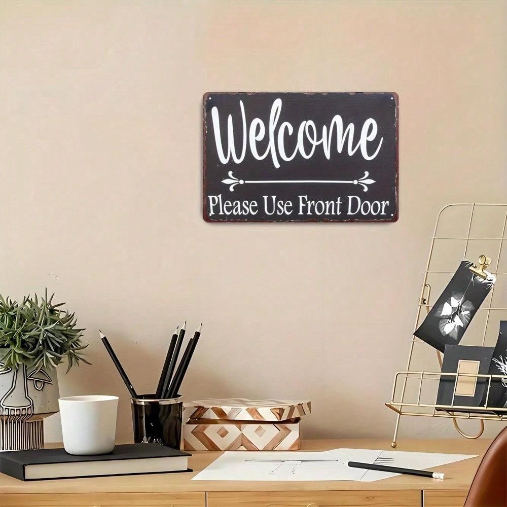 1pc Welcome Please Use Front Door Metal Sign 8x12 Inch Rustic Directional Plaque Unframed Wall Art Entryway Porch Decor