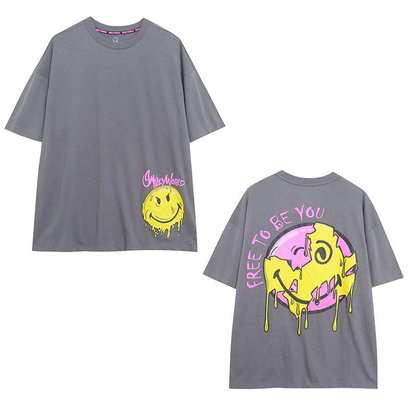 

Экспорт Летняя Тонкая Футболка с Коротким Рукавом с Мультяшным Смайликом и Буквами, Женская Свободная, Приталенная, Граффити, Повседневные Топы BF, Средней Длины Grey M