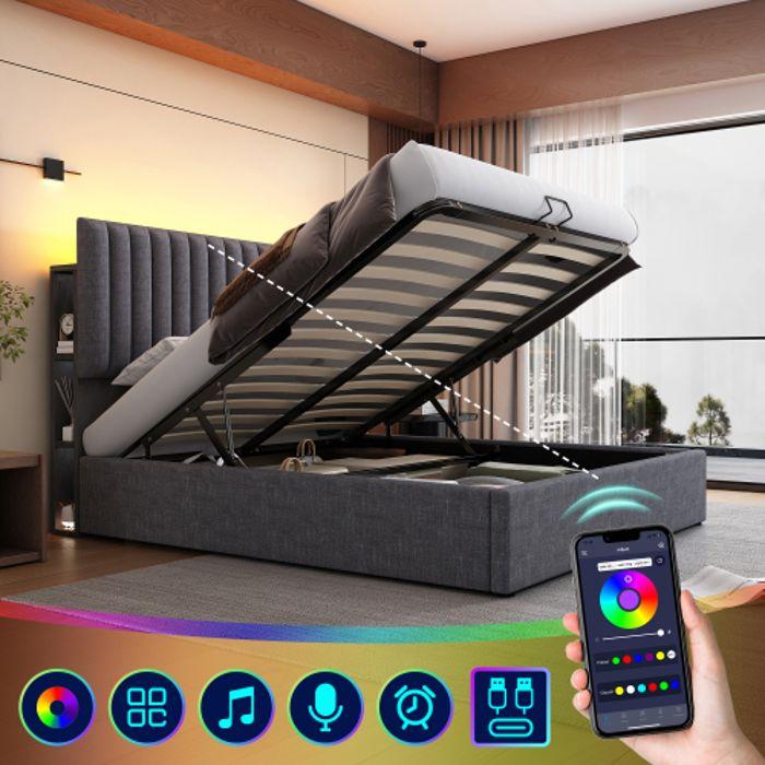 Lit rembourré - MUVOE - 140x200 cm - Tête de lit LED avec USB - Compartiment de rangement - Confort optimal