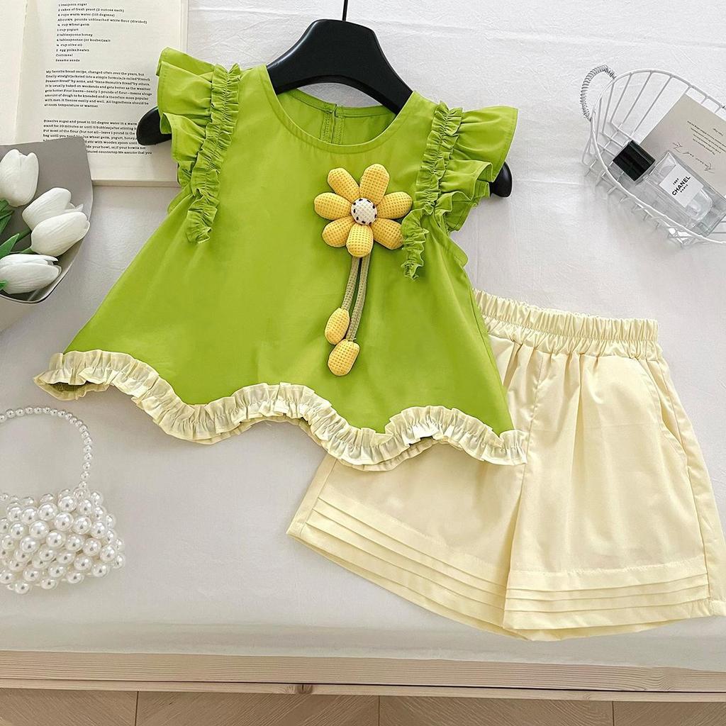 Girls' 2-Piece Cotton Set - Summer Baby Girl Flower Pattern Top+white Shorts Cute Casual Outfit S-XXL