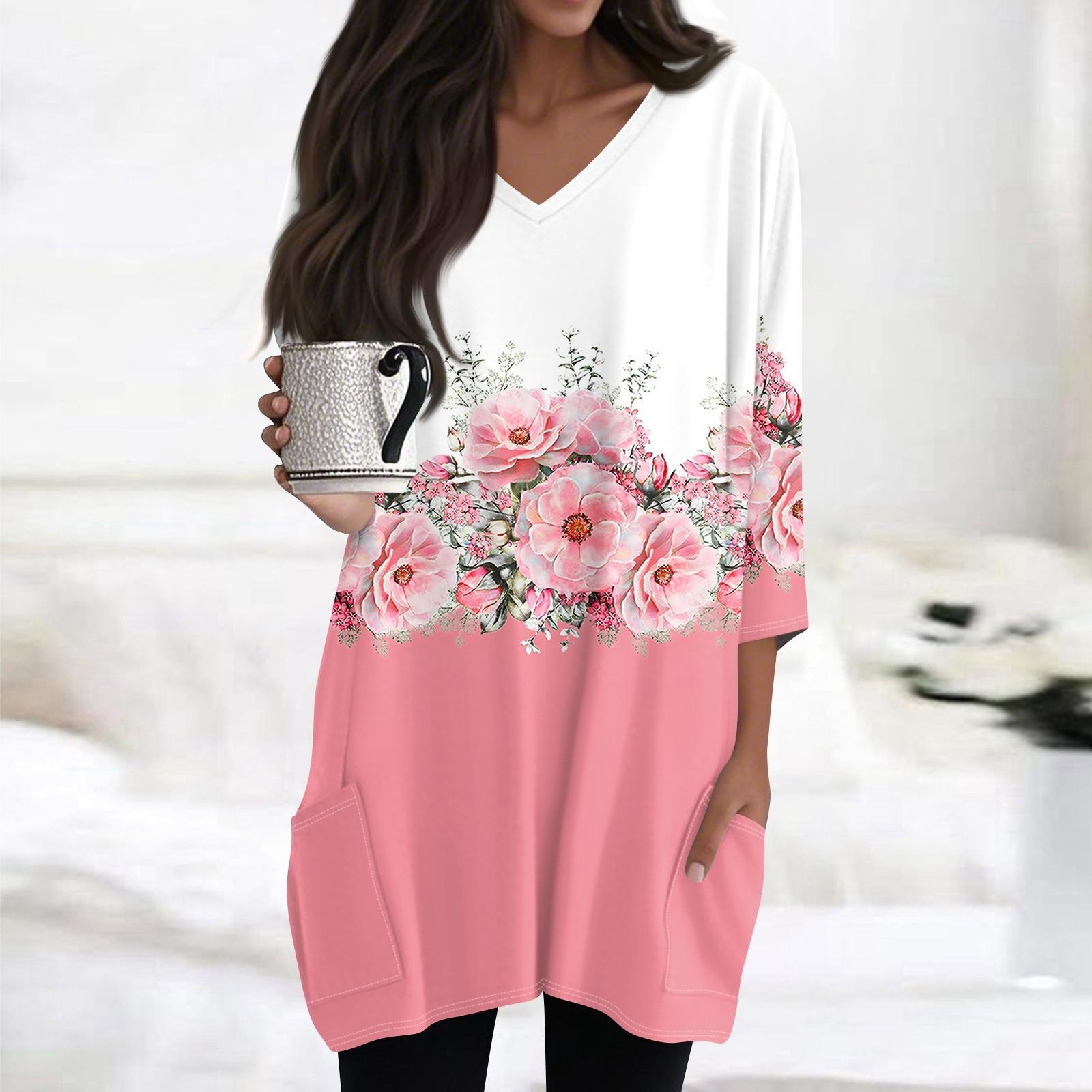 

Womens Tops V-neck 3/4 Sleeve Blouses Casual Mid-length Shirts Fashion Print Tunic Tops With Pockets XXL рожевий