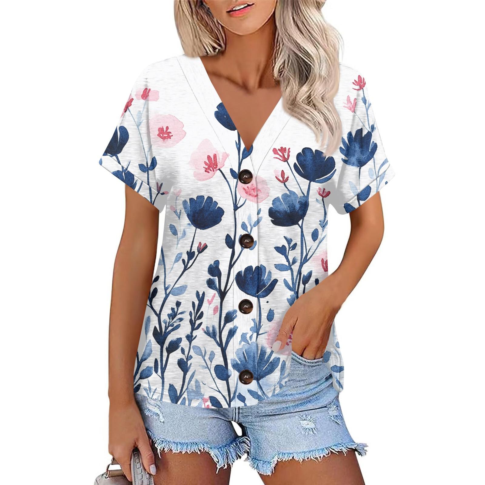 

Женская мода с короткими рукавами и V-образным вырезом, повседневная футболка с пуговицами S синий