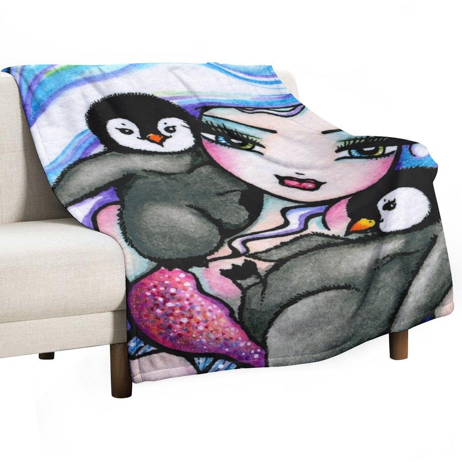 

Frosty Mermaid with Baby Penguin Friends Whimsical Fantasy Art Throw Blanket Stuffeds Softest Flannel Fabric For Baby Blankets 30x40in