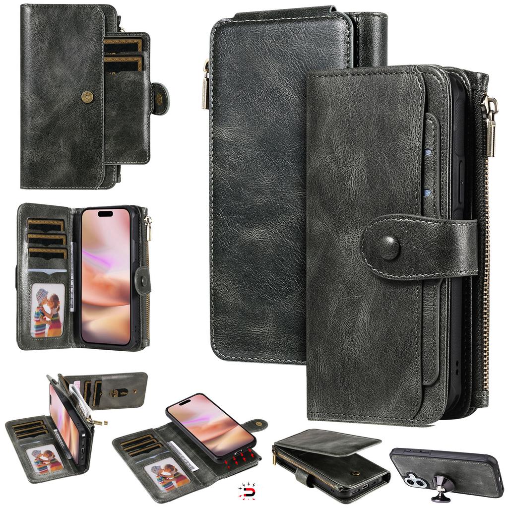 For iPhone 16 Plus Magnetic Case Detachable PU Leather Zipper Wallet Cover