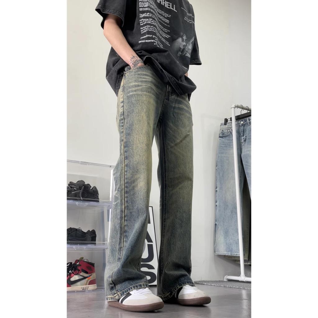 American high street retro washed old jeans men's cleanfit retro micro-straightforward slim long pants tide