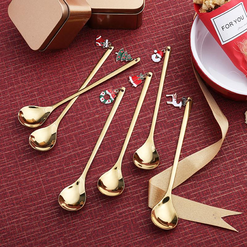 6PCS Christmas Spoons Coffee Cutlery Set Stainless Steel Cutlery Set Dessert Spoon Forks Christmas Gifts Elk Christmas Decoratio