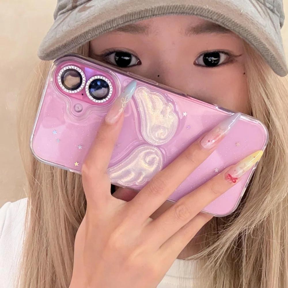 Korean INS Cute Glitter Shiny Angel Wings Phone Case For iPhone 17 Air 16 15 14 13 12 11 Pro Max X XR Max Clear Cover Girl Gift