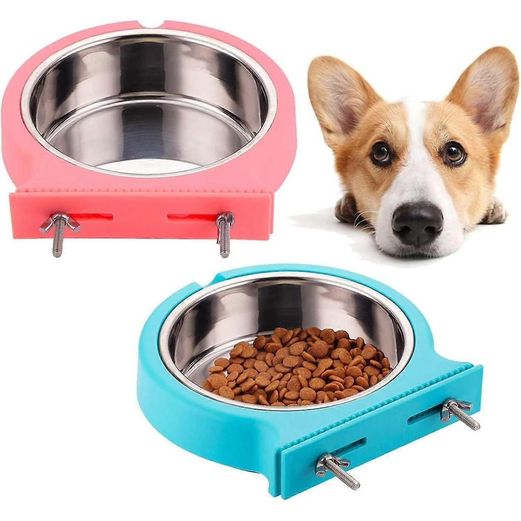 2 Pack Crate Dog Bowl Removable Stainless Steel Water Food Bowl Hanging Pet Cage Coop Cup for Rabbit Cat Puppy Bird Bunny Small Animals