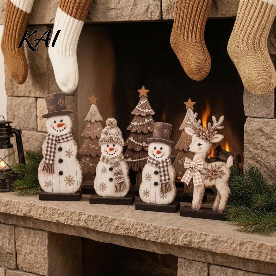 Christmas Gift for Friends 7Pcs Snowman Tree Reindeer Figurines, 2D Wooden Tiered Tray Retro Style Festive Crafts Decor, Rustic Farmhouse Tabletop