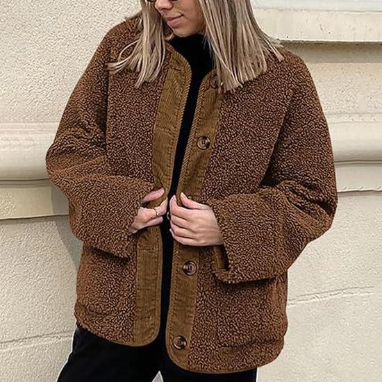 Women's Warm Winter Coat Collarless Casual Long Sleeve Button Plush Lamb Suede Jacket Coat