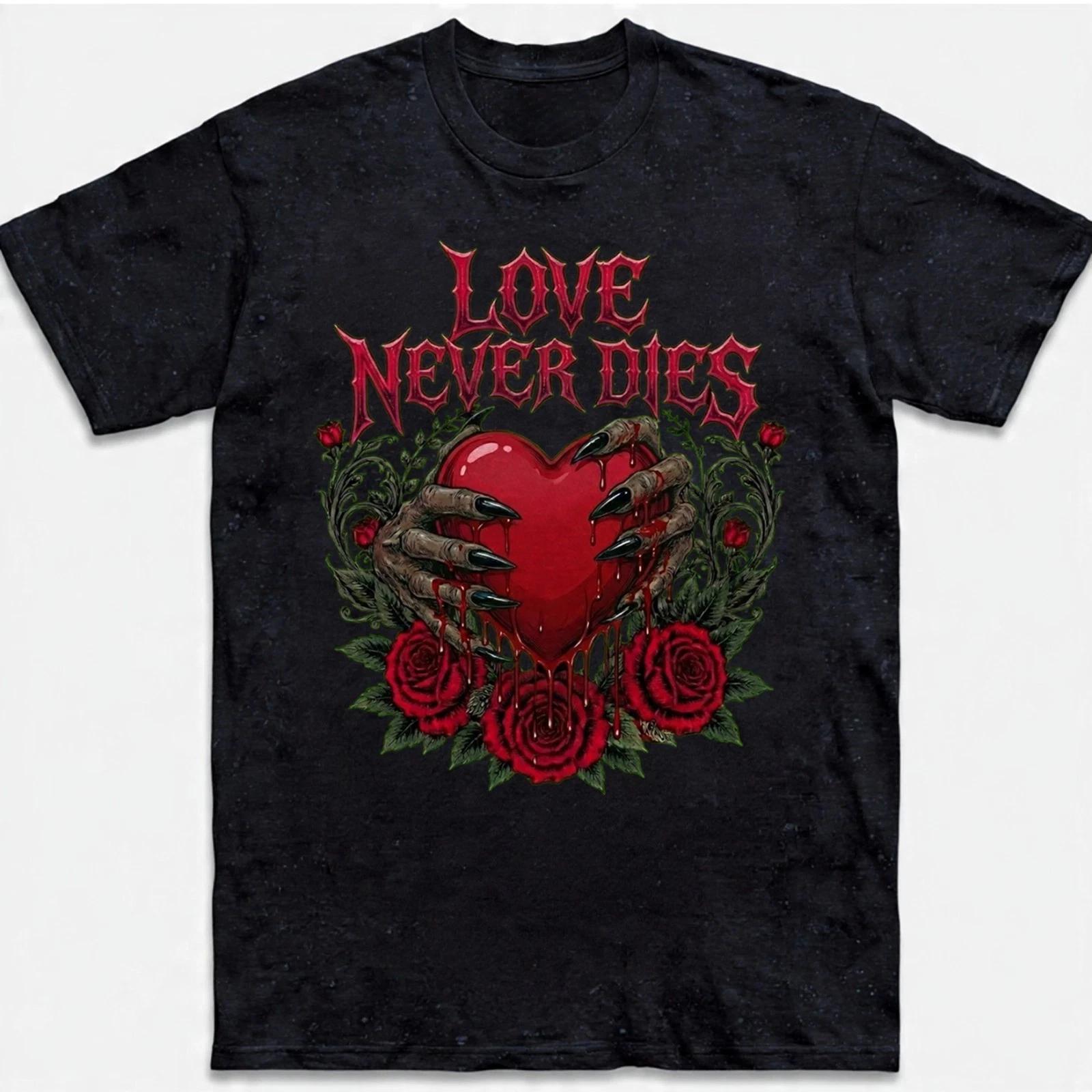 Love Never Dies Gothic Red Heart T-shirt, Roses Horror Emo Valentines Day Tee L