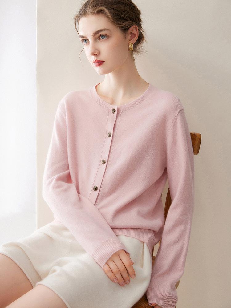 Women's 2026 Autumn/Winter Pure Cashmere Round Neck Cardigan - Single-Breasted, Commuter Style Sweater Jacket