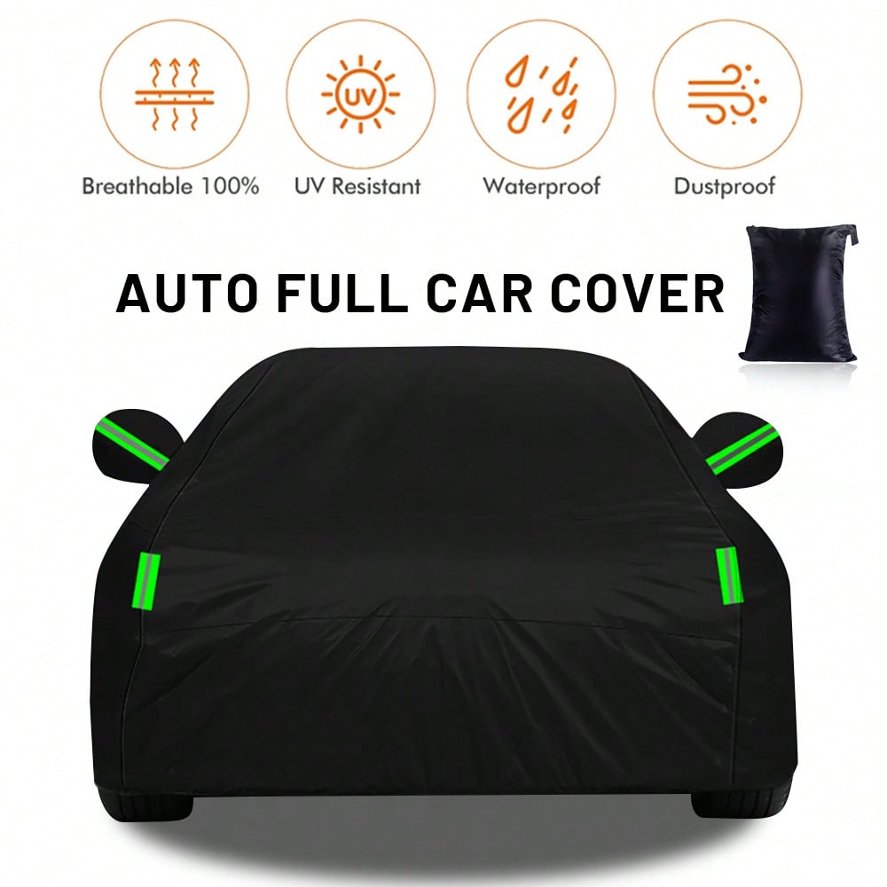 Premium Black 190T Car Cover with Reflective Strips, Dustproof Scratch Resistant Heavy Duty Protector for Sedan Hatchback SUV
