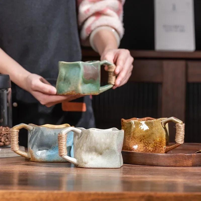 240ml Ceramic Tea Coffee Cups Irregular Shape Retro Drinkware Milk Coffee Mug Home Kitchen Desktop Juice Cup Handheld Type Mugs