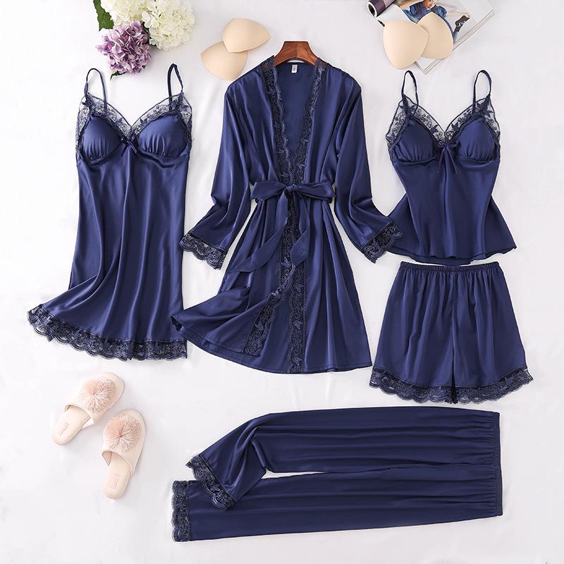 Conjunto de Pijama de Seda e Renda para Mulher - 5 Peças com Camisola de Manga Comprida, Camisola e Shorts para Primavera, Verão e Outono