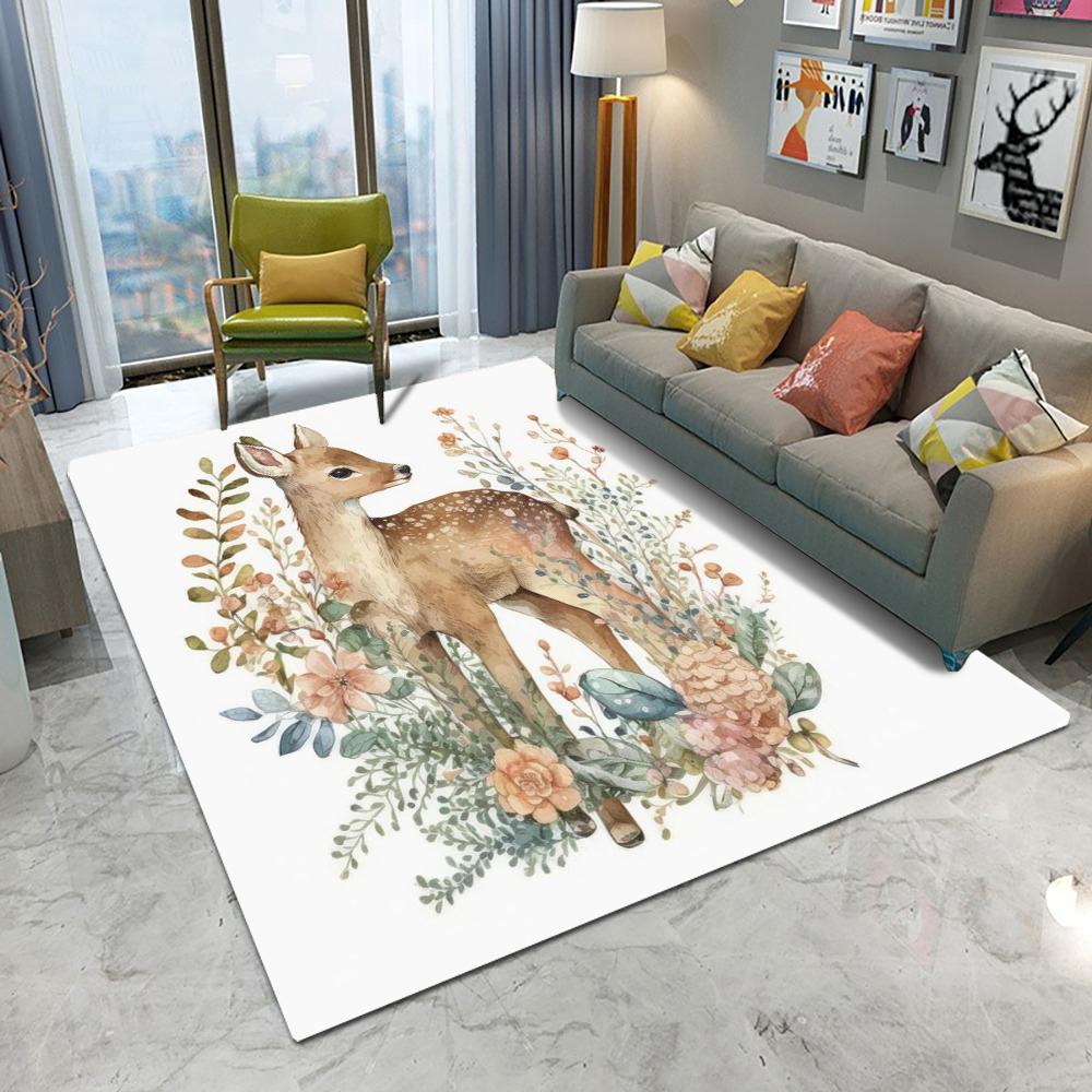 Watercolor Deer Floral Area Rug With Cute Animal Plant Pattern Soft Decorative Carpet For Living Room Bedroom Kids Room