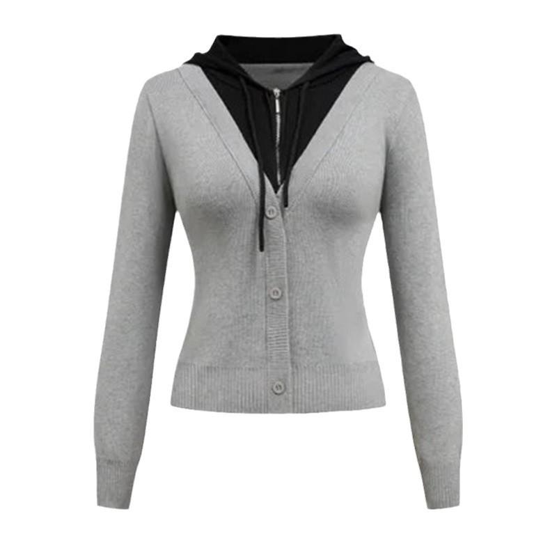 Women's Hooded Knit Long Sleeve Slim Solid Colour Splicing Bottom Shirt Top