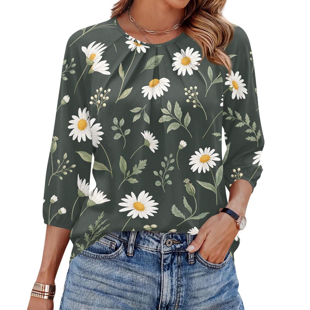 Women's Floral Print 3/4 Sleeve Round Neck Pleated Top Lightweight Casual Blouse Suitable for Daily Wear and Various Occasions