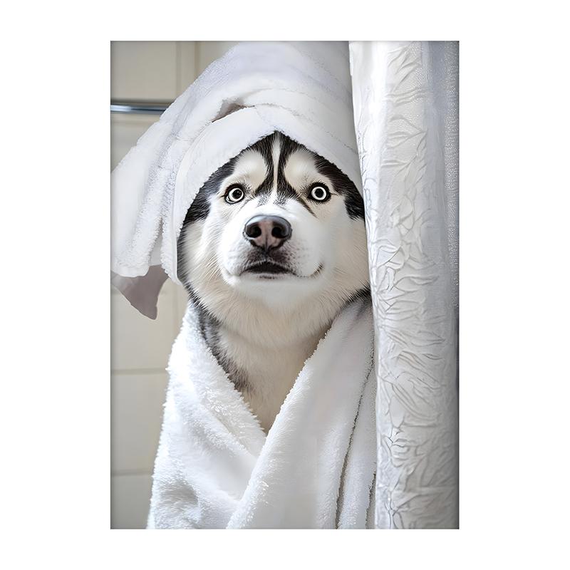 Cute Shower Dog Bathroom Decor Poster Dog in Bathtub Print Animal Murals Canvas for Home Decor Dog Lover Gifts