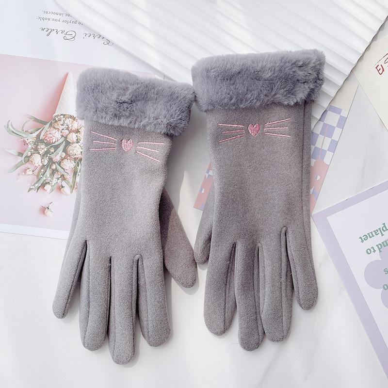 Female thickened cute winter lady riding windproof and cold-proof velvet five-finger riding