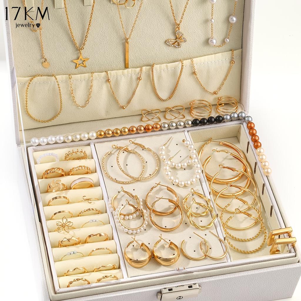 17KM 92Pcs Women's Fashion Jewelry Set Contain Hoop Earrings Stud Earrings Bracelet Necklace and Ring Versatile Daily Jewelry