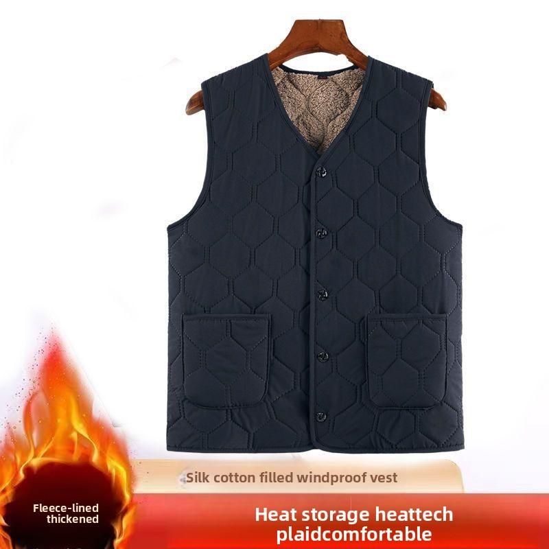 

Autumn Winter Waistcoat Men s Fleece Warm Solid V-Neck Casual Plaid Jackets Sleeveless Thicken Button Cardigans Vests 5XL 75-80KG темно-синього кольору
