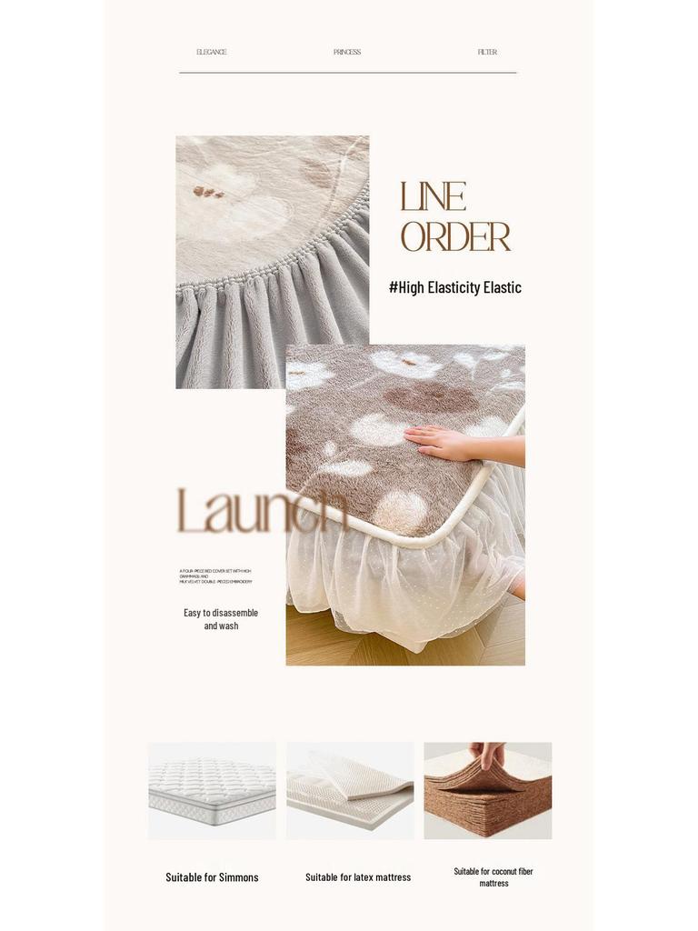 French Rabbit Fur Double-Layer Lace Fitted Sheet Bed Skirt 3-Piece Set