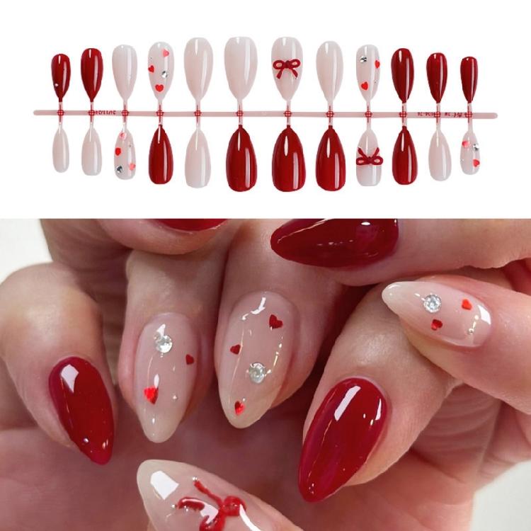 24 Stück Herz Vollabdeckung Falsche Nägel Französische Spitze Acrylnagel Valentinstag Press-On-Nägel 3D Schleifen Aufkleber-Nägel