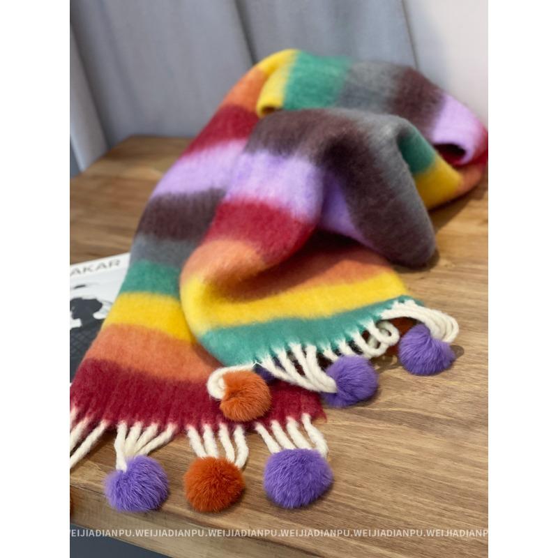 Only home, keep N strips for yourself! Real Rex Rabbit Hairball! Thick Hair Flu Pulled Tassel Striped Big Scarf Big