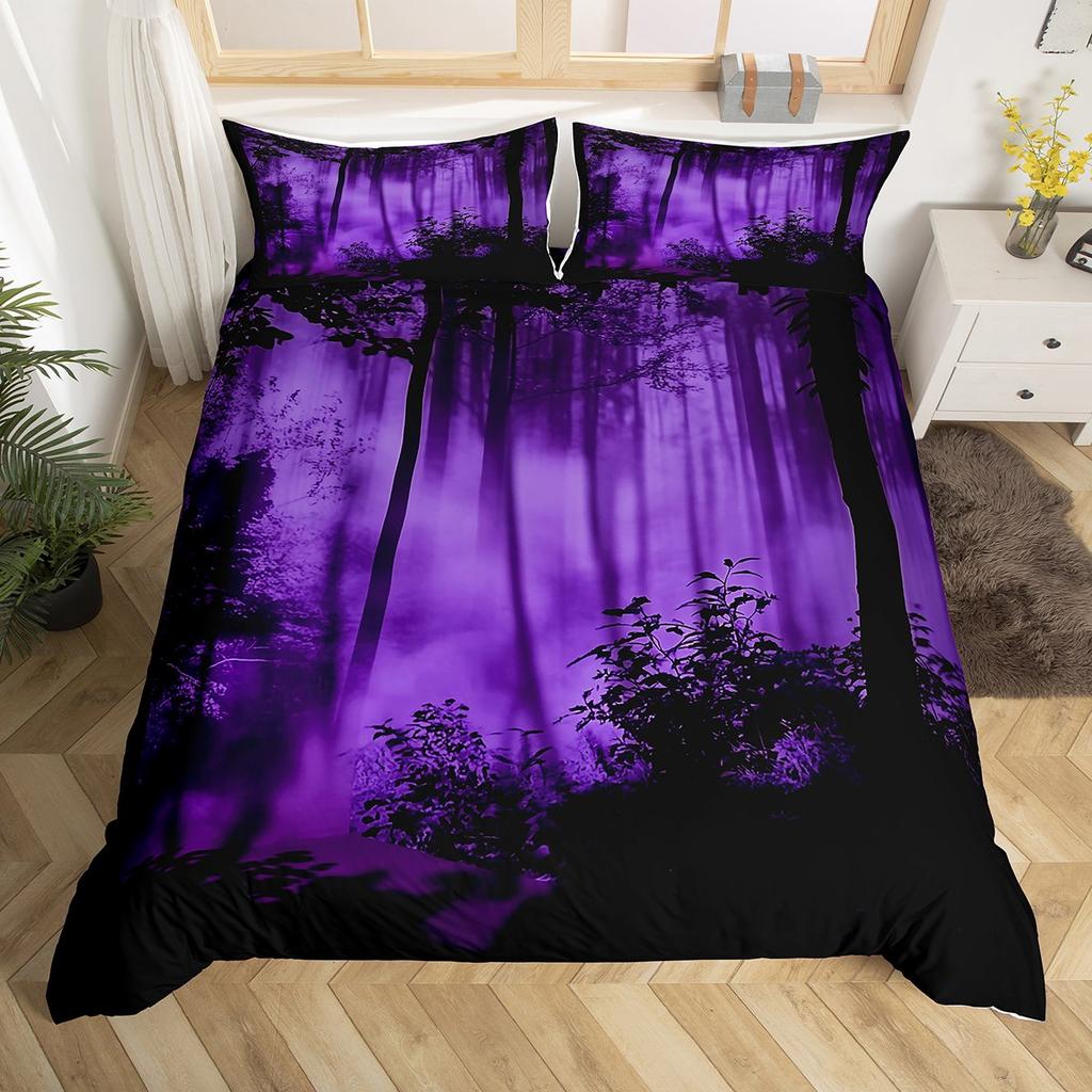 Homewish Black Blue Pine Tree Duvet Cover Set,Jungle Plant Botanical Bedding Set,Nature Scenery Print Bed Set