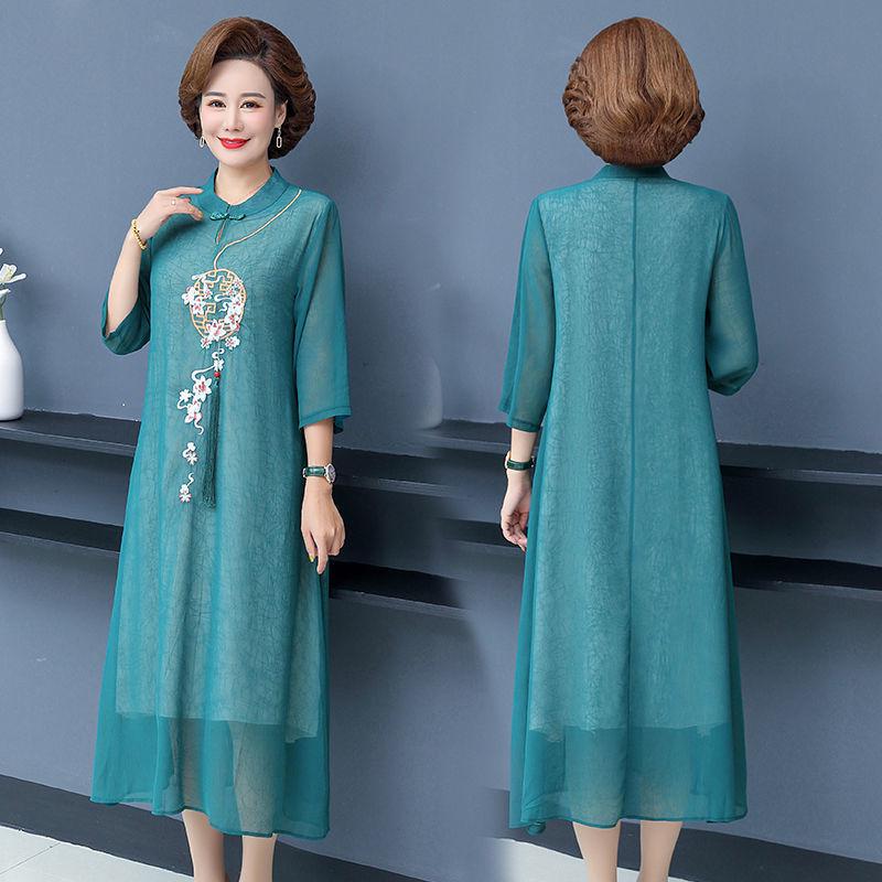 2022 Embroidered Chiffon Cheongsam Hanfu Dress - Summer Ethnic Style for Middle-Aged & Elderly Mothers
