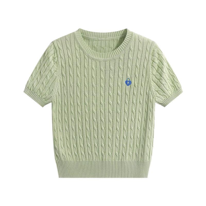 

Women s High-End Korean Style Knit T-Shirt, Short-Sleeved Cable Knit Round Neck Sweater, Early Spring New Arrival One Size зелений