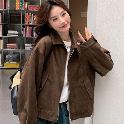 Brown Melaude Faux Suede Women's Retro Petite Short Jacket – 2025 Autumn Collection