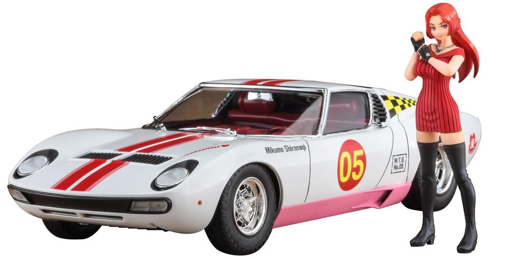 Plastikový model Hasegawa Wild Egg Girls Lamborghini Miura P400 SV Shiranagi Mikumo SP544 č. 05 s figurkou v měřítku 1:24.