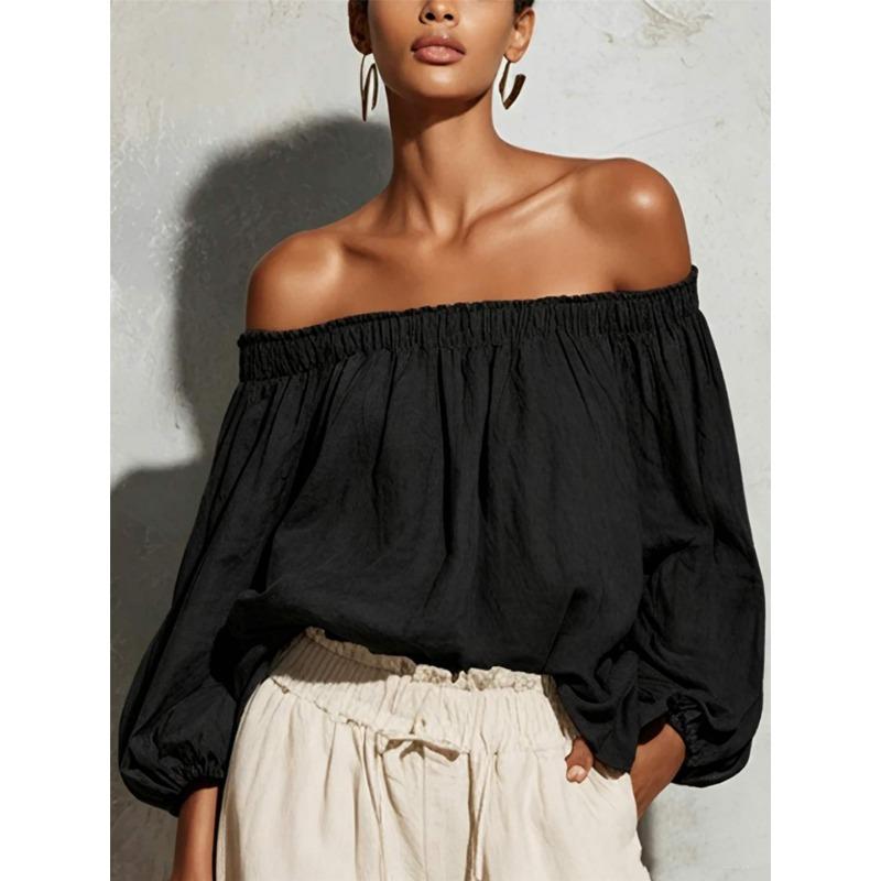 Camicia Casual da Donna S a Spalle Scoperte con Maniche a Lanterna Lunghe e Colore Unito