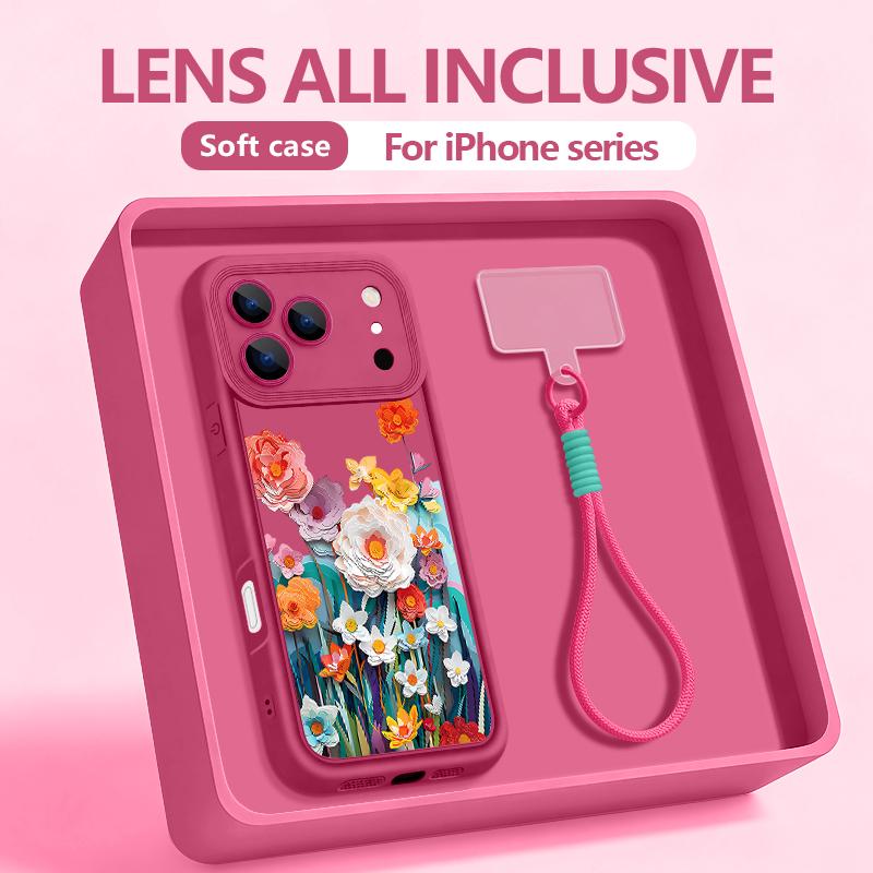 Colorful Flower Pattern Lanyard Phone Case For iPhone 17 ProMax 16 17 14 15 13 Pro Max 11 17e 16e Shockproof Silicone Soft Cover