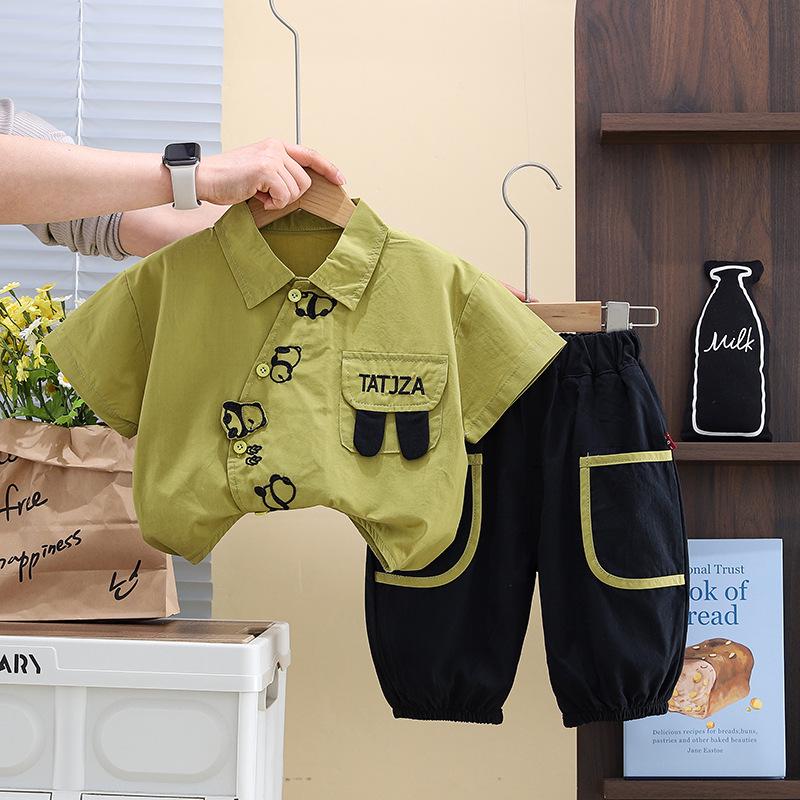 

Детская летняя рубашка с коротким рукавом и лацканами, комплект из двух предметов для мальчиков 80cm зелёный