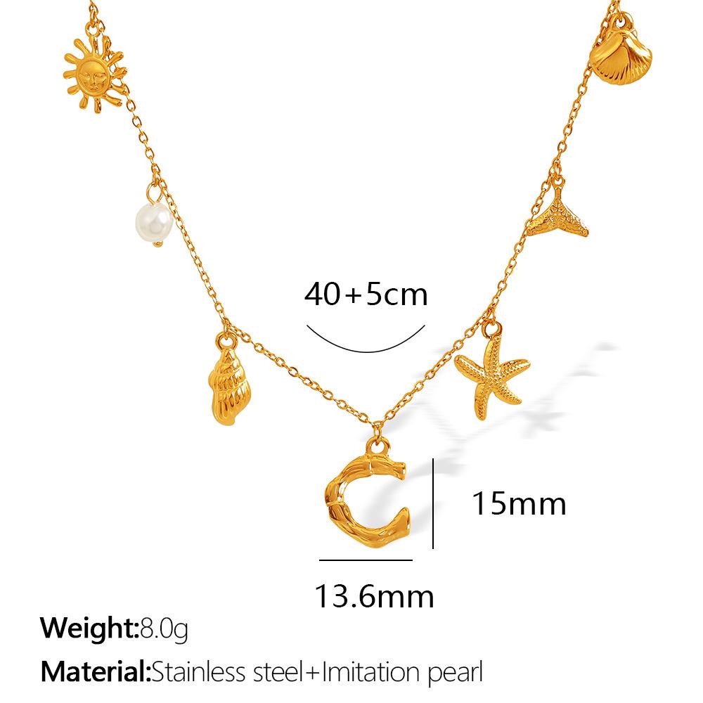 New Arrival Gold Boho Ocean Conch Starfish Shell Charm Necklace Stainless Steel A-Z Alphabet Initial Letter Beach Necklace Women